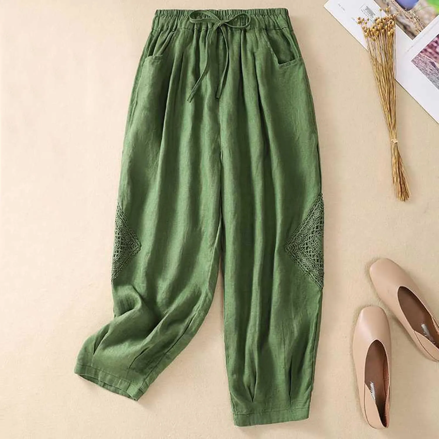 Womens Linen Lounge Trousers Solid Color Loose Straight Leg Pants Plus Size Elastic Waist Casual Trousers Daily Pants