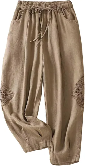 Womens Linen Lounge Trousers Solid Color Loose Straight Leg Pants Plus Size Elastic Waist Casual Trousers Daily Pants