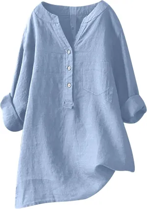 Women's Linen Shirts Summer Cotton Linen Solid Short Sleeve T Shirts Casual Loose Fit Trendy V Neck Blouses