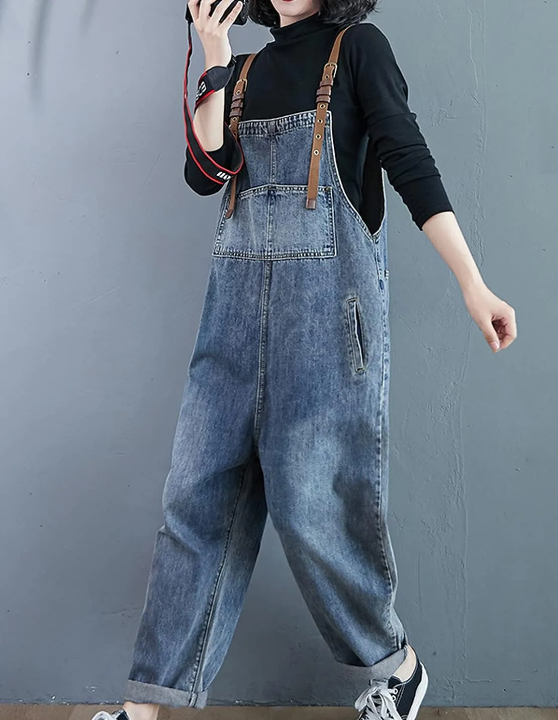 Women's Loose Baggy Denim Overalls Casual Vintage Adjustable Straps Stretch Bib Jumpsuit Rompers Harem Pants
