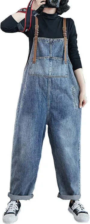Women's Loose Baggy Denim Overalls Casual Vintage Adjustable Straps Stretch Bib Jumpsuit Rompers Harem Pants
