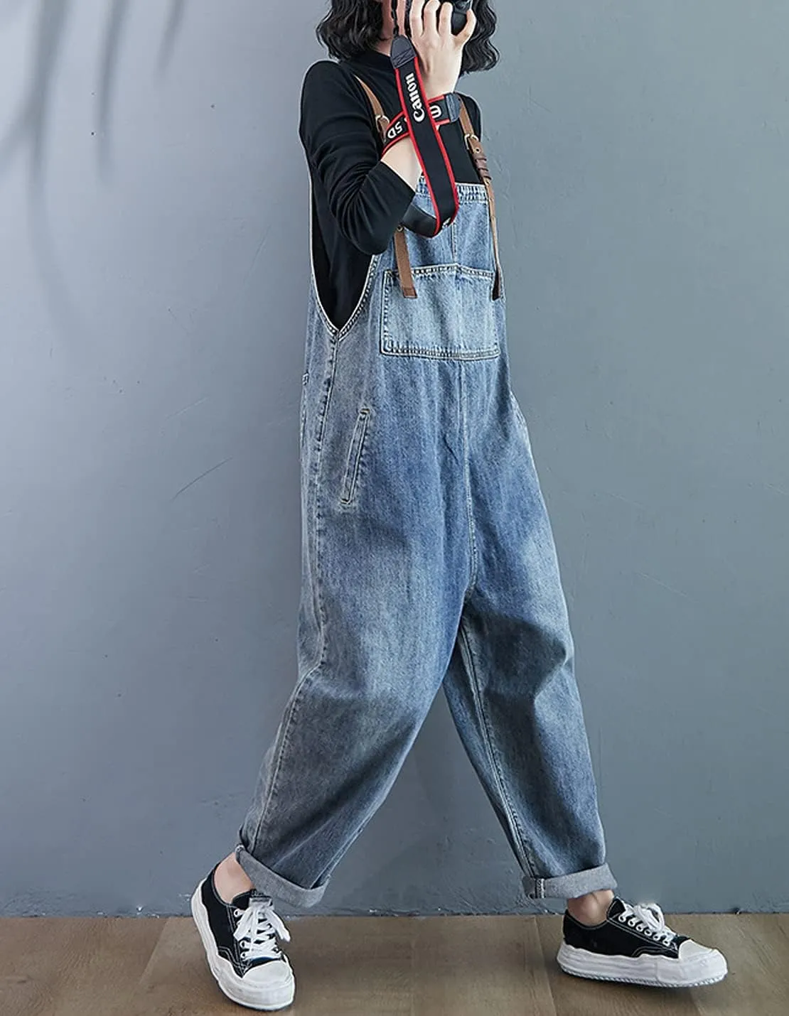 Women's Loose Baggy Denim Overalls Casual Vintage Adjustable Straps Stretch Bib Jumpsuit Rompers Harem Pants
