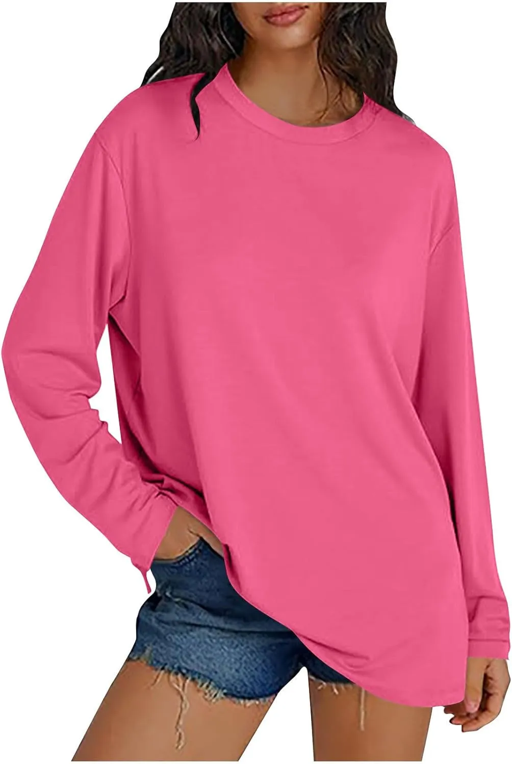 Womens Oversized Tops Long Sleeve Lightweight Shirts 2025 Spring Fashion Trendy Tops Crewneck Casual Solid Basic Tee