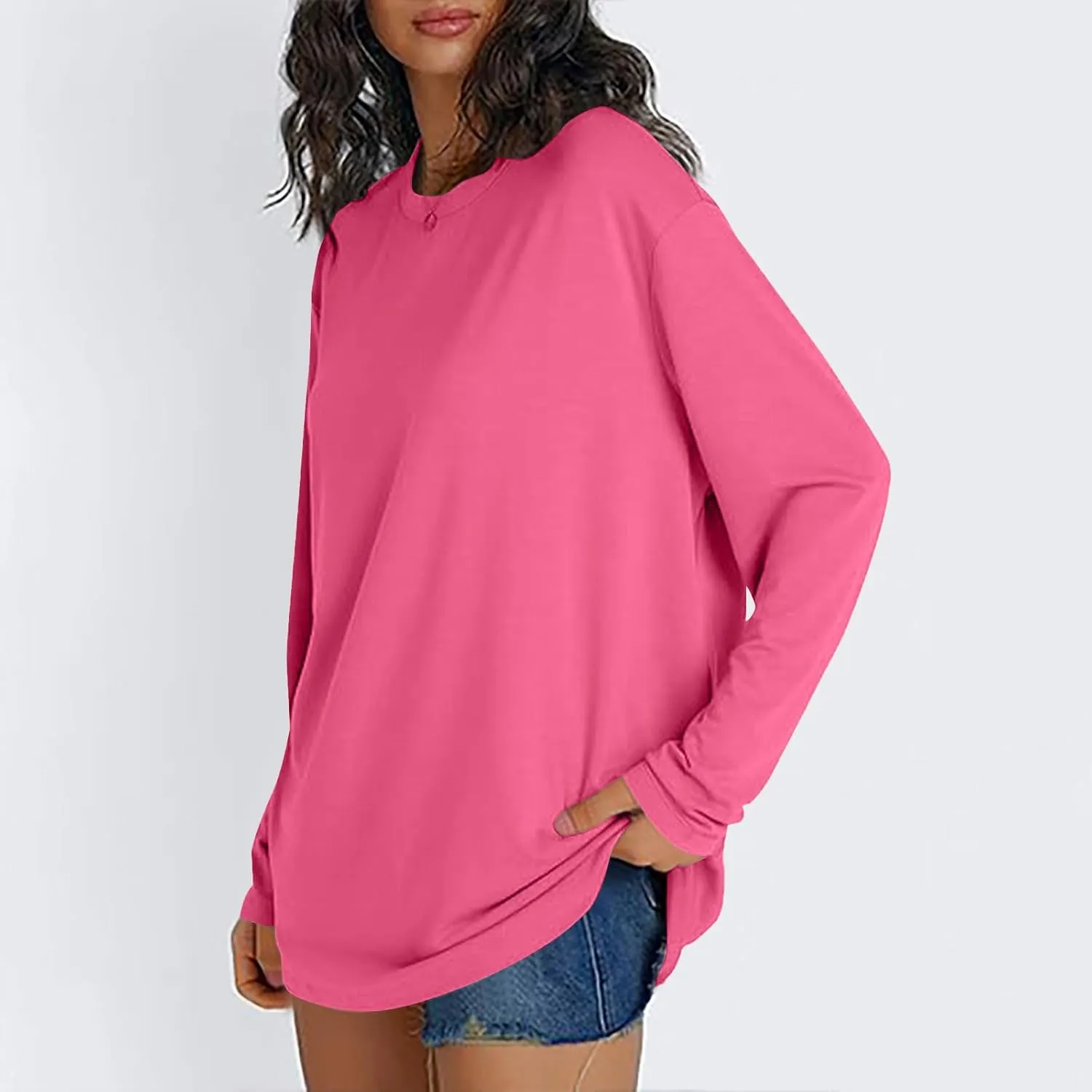 Womens Oversized Tops Long Sleeve Lightweight Shirts 2025 Spring Fashion Trendy Tops Crewneck Casual Solid Basic Tee