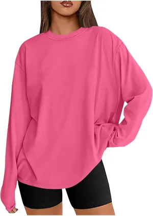 Womens Oversized Tops Long Sleeve Lightweight Shirts 2025 Spring Fashion Trendy Tops Crewneck Casual Solid Basic Tee