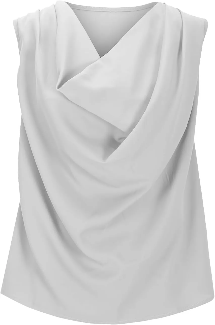Womens Satin Cowl Neck Tank Tops Fashion Pleated Sleeveless Shirts Summer Trendy Going Out Clothes