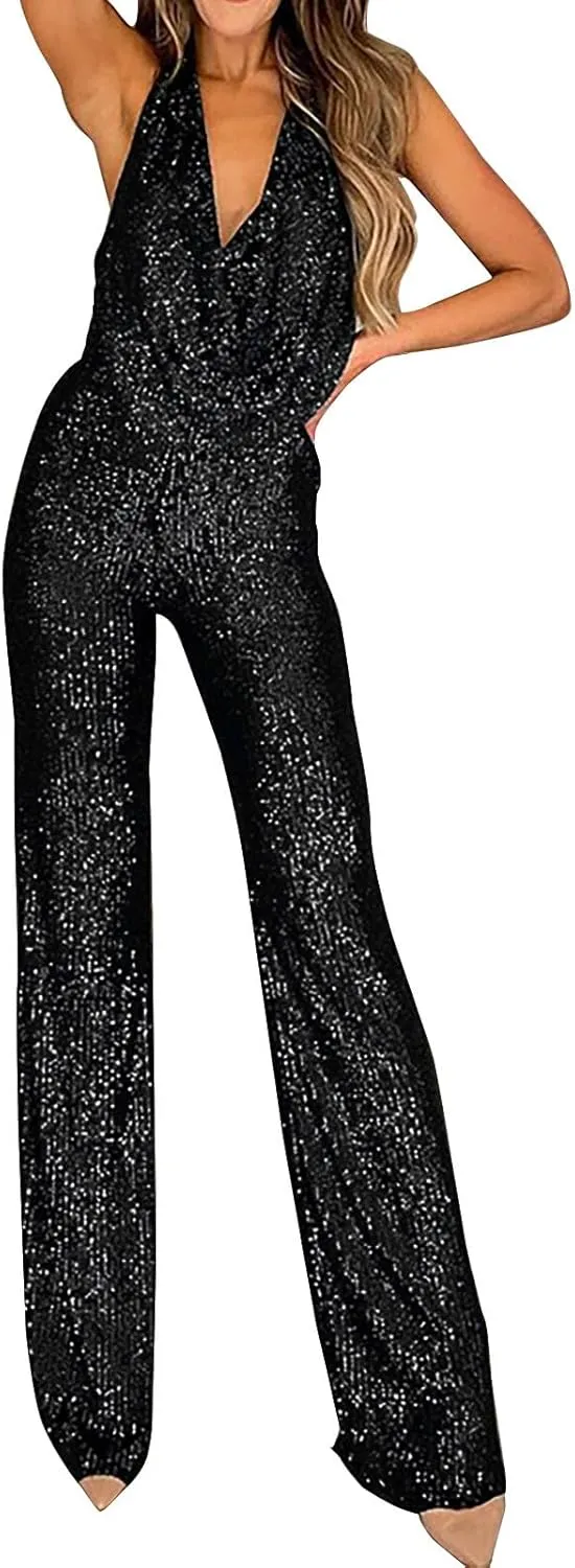 Women's Sexy Halter Cowl Neck Sparkly Jumpsuits Clubwear Sleeveless Elegant Sequins Bodycon Wide Leg Pants Rompers