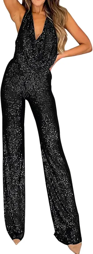 Women's Sexy Halter Cowl Neck Sparkly Jumpsuits Clubwear Sleeveless Elegant Sequins Bodycon Wide Leg Pants Rompers
