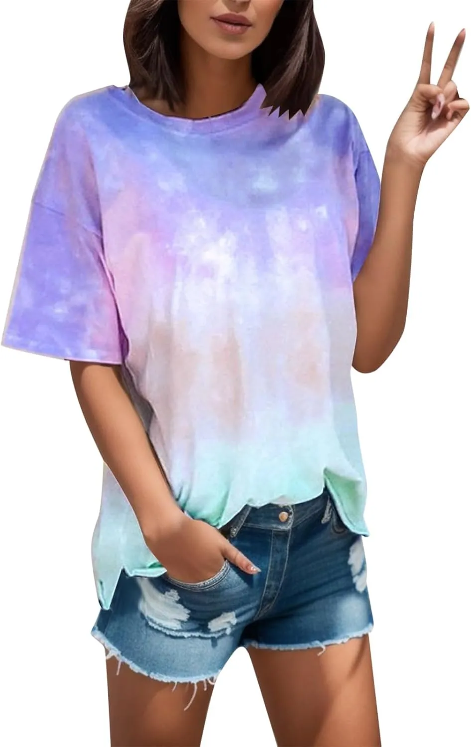 Womens Short Sleeve Tee Tops 2024 Fashon Summer Tie Dye T-Shirts Casual Loose Fit Crewneck Blouse Oversized Comfy Shirts