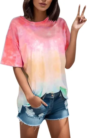 Womens Short Sleeve Tee Tops 2024 Fashon Summer Tie Dye T-Shirts Casual Loose Fit Crewneck Blouse Oversized Comfy Shirts