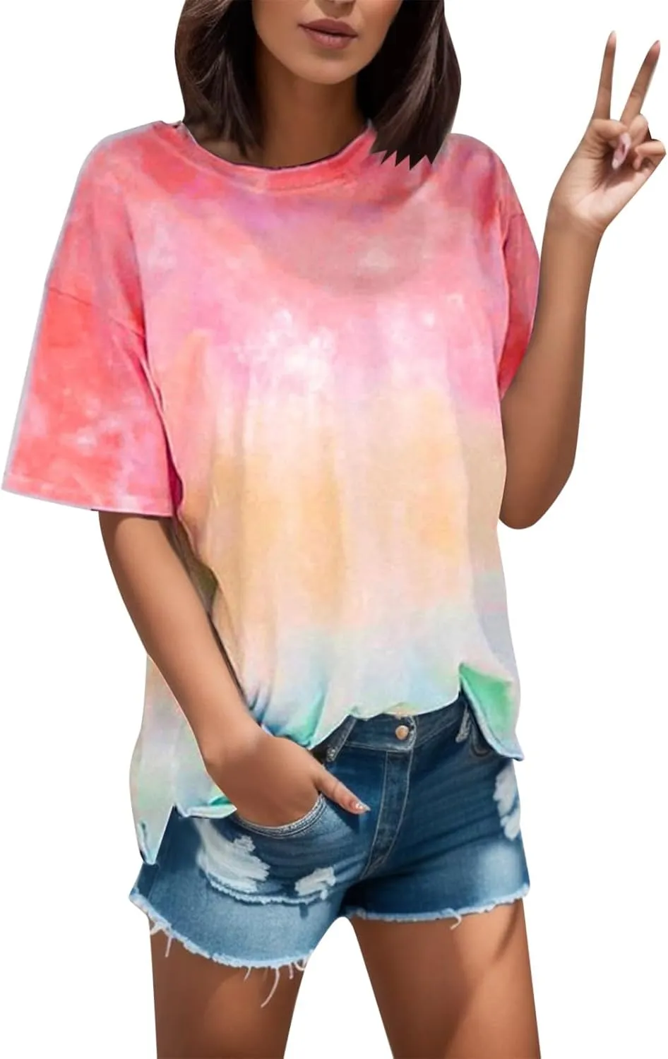 Womens Short Sleeve Tee Tops 2024 Fashon Summer Tie Dye T-Shirts Casual Loose Fit Crewneck Blouse Oversized Comfy Shirts