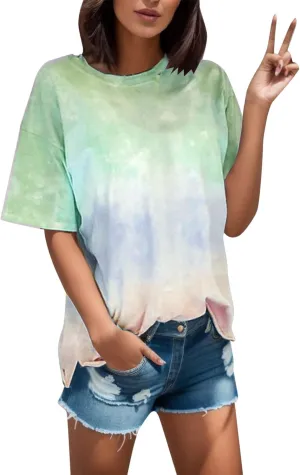 Womens Short Sleeve Tee Tops 2024 Fashon Summer Tie Dye T-Shirts Casual Loose Fit Crewneck Blouse Oversized Comfy Shirts