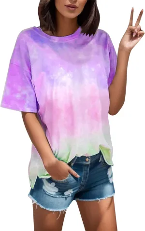 Womens Short Sleeve Tee Tops 2024 Fashon Summer Tie Dye T-Shirts Casual Loose Fit Crewneck Blouse Oversized Comfy Shirts