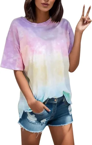 Womens Short Sleeve Tee Tops 2024 Fashon Summer Tie Dye T-Shirts Casual Loose Fit Crewneck Blouse Oversized Comfy Shirts