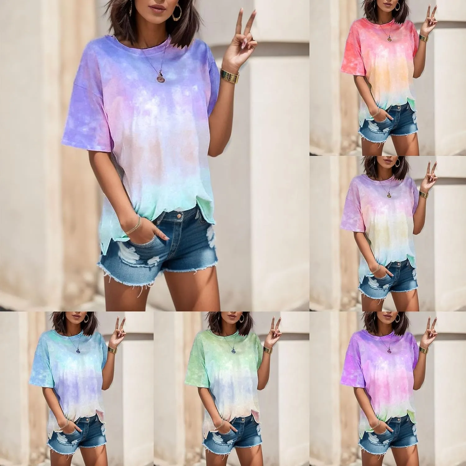 Womens Short Sleeve Tee Tops 2024 Fashon Summer Tie Dye T-Shirts Casual Loose Fit Crewneck Blouse Oversized Comfy Shirts
