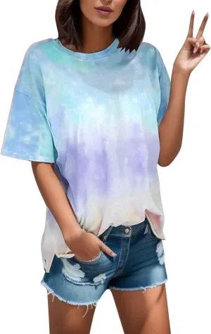 Womens Short Sleeve Tee Tops 2024 Fashon Summer Tie Dye T-Shirts Casual Loose Fit Crewneck Blouse Oversized Comfy Shirts