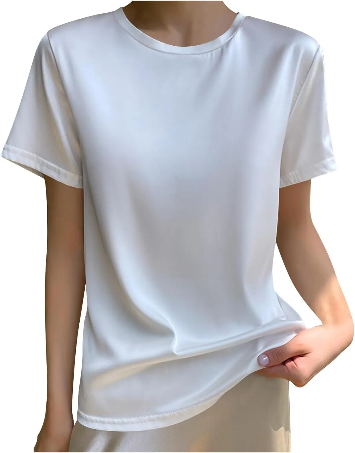 Women's Silk Satin Tops Crewneck Short Sleeve Tee Shirt Casual Party Tee Shirt
