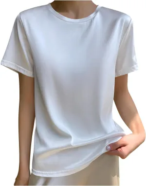 Women's Silk Satin Tops Crewneck Short Sleeve Tee Shirt Casual Party Tee Shirt