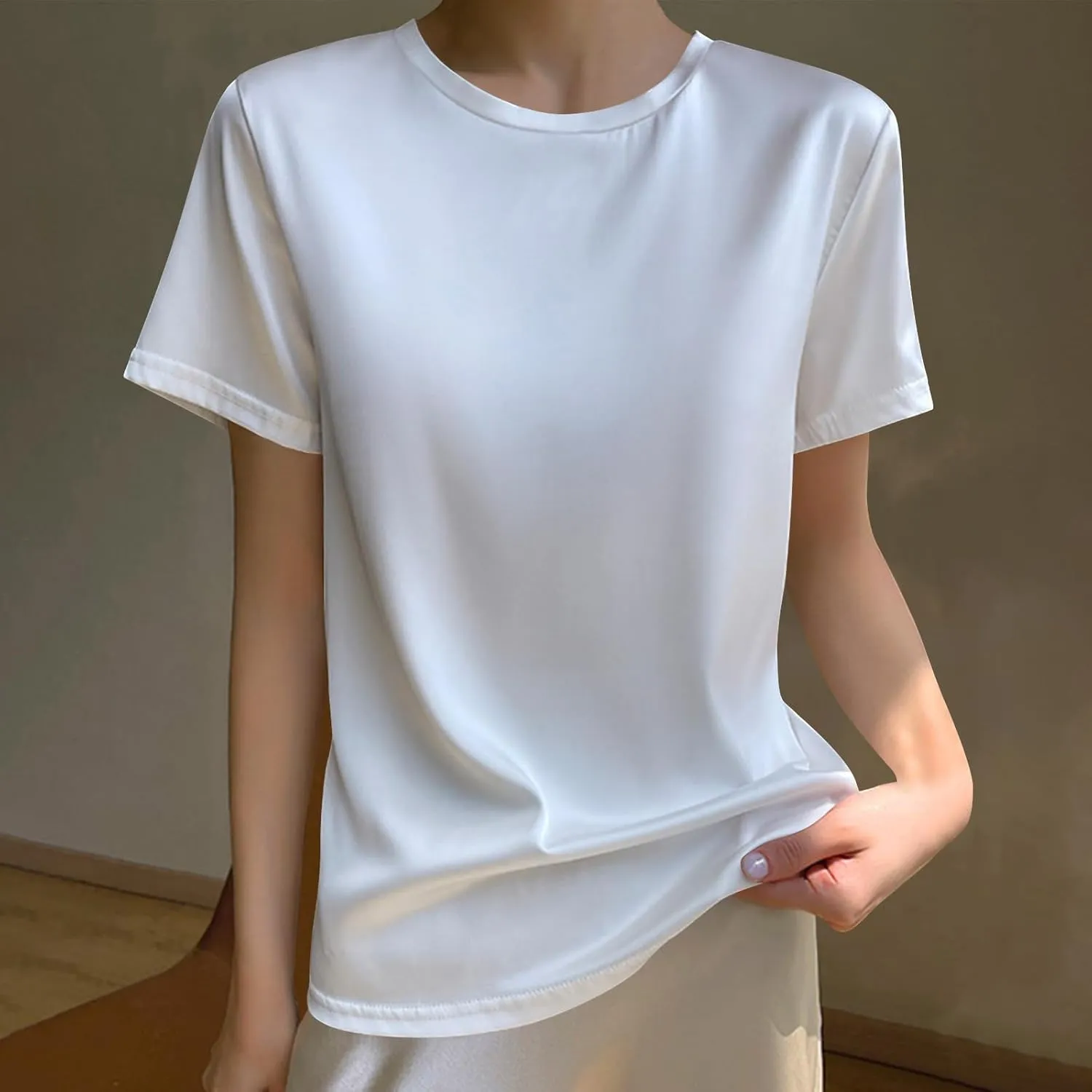 Women's Silk Satin Tops Crewneck Short Sleeve Tee Shirt Casual Party Tee Shirt