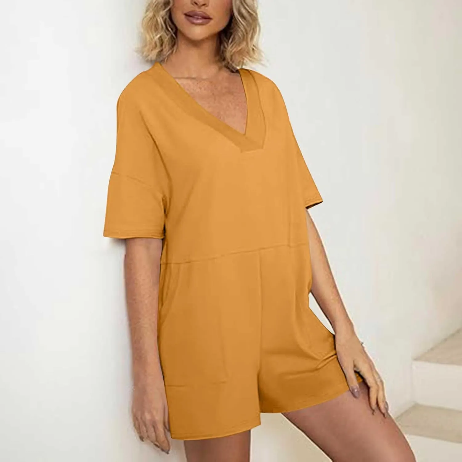 Womens Summer 2025 Plus Size Romper Jumpsuits with Pockets Short Sleeve V Neck Trendy Casual Overall Shorts