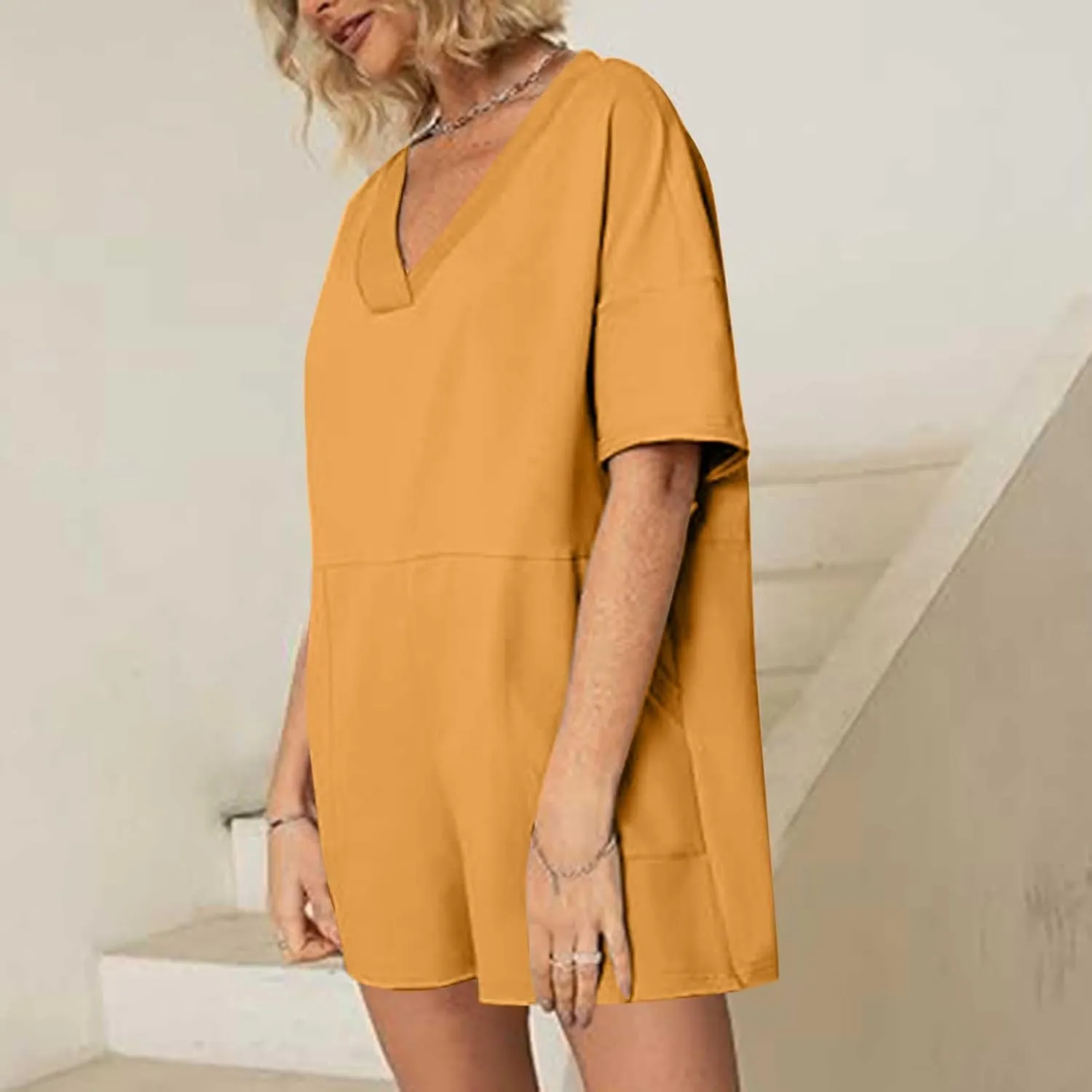 Womens Summer 2025 Plus Size Romper Jumpsuits with Pockets Short Sleeve V Neck Trendy Casual Overall Shorts