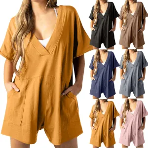 Womens Summer 2025 Plus Size Romper Jumpsuits with Pockets Short Sleeve V Neck Trendy Casual Overall Shorts