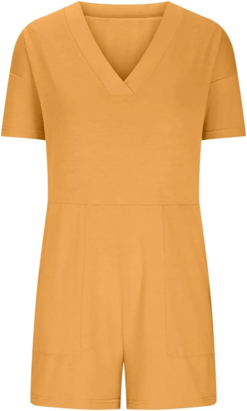 Womens Summer 2025 Plus Size Romper Jumpsuits with Pockets Short Sleeve V Neck Trendy Casual Overall Shorts