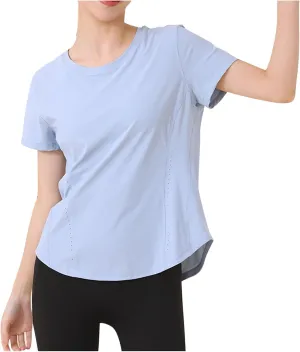 Women's T Shirts Round Neck Short Sleeve Breathable Tee Sun Protection Quick Dry Yoga Gym Workout Athletic Tops