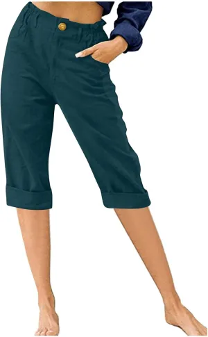 Womens Wide Leg Capri Pants Solid Color Straight Leg Lounge Trousers Botton Elastic Loose Pants Pockets Slim Fit Pants