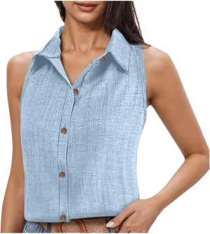 Women's Work Tops Button Down Linen Shirts Sleeveless Summer Blouses Business Casual Tshirts Trendy Tank Tops