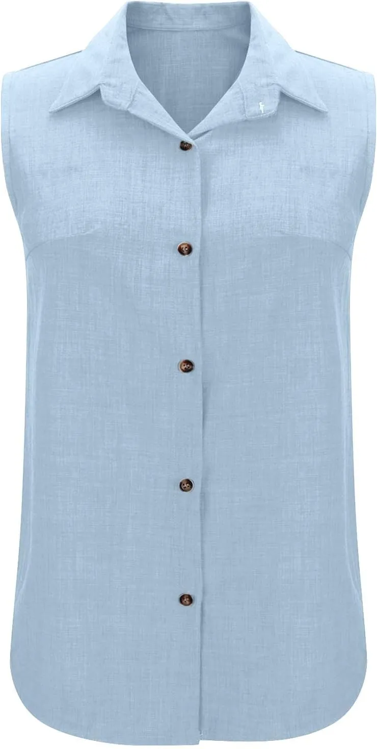 Women's Work Tops Button Down Linen Shirts Sleeveless Summer Blouses Business Casual Tshirts Trendy Tank Tops