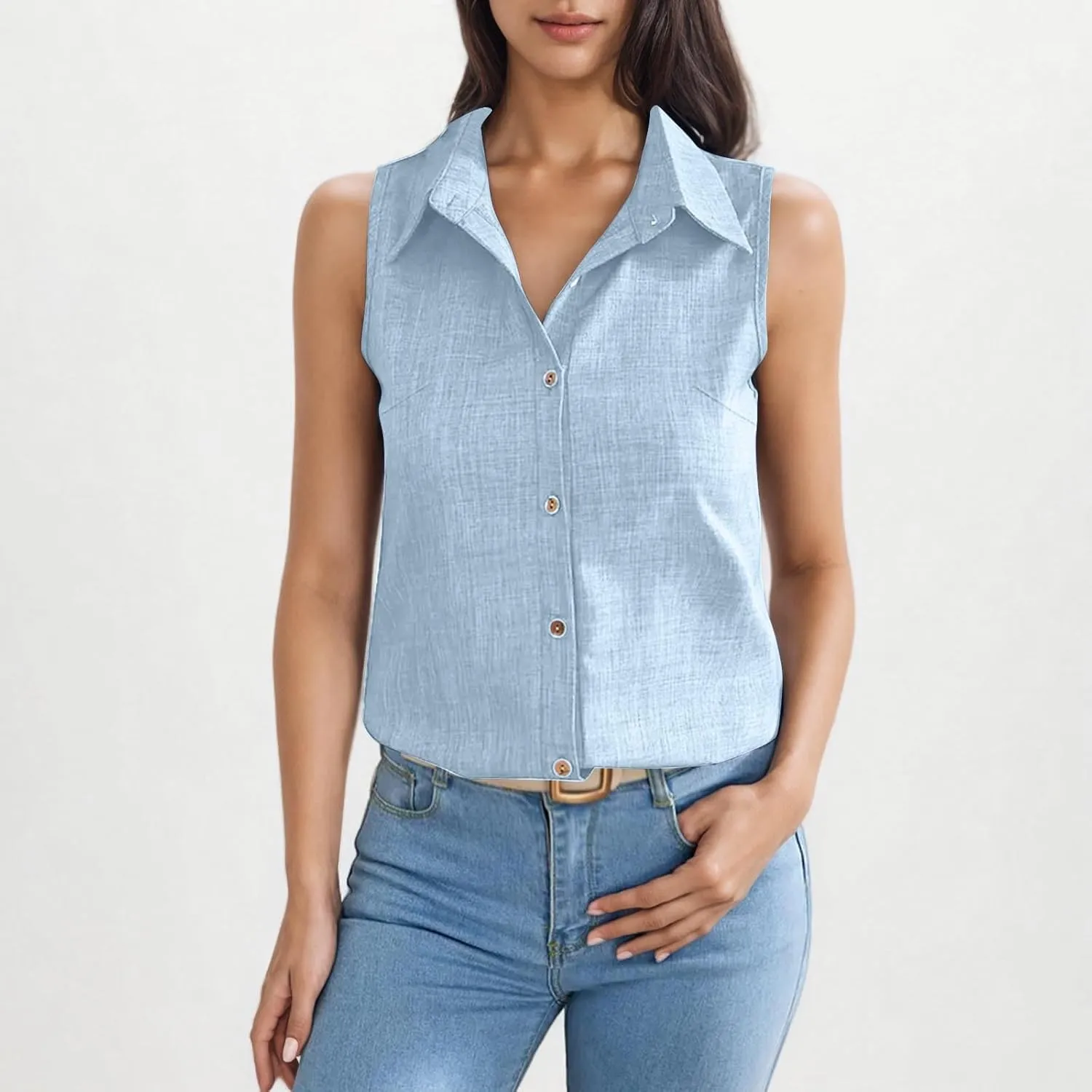 Women's Work Tops Button Down Linen Shirts Sleeveless Summer Blouses Business Casual Tshirts Trendy Tank Tops