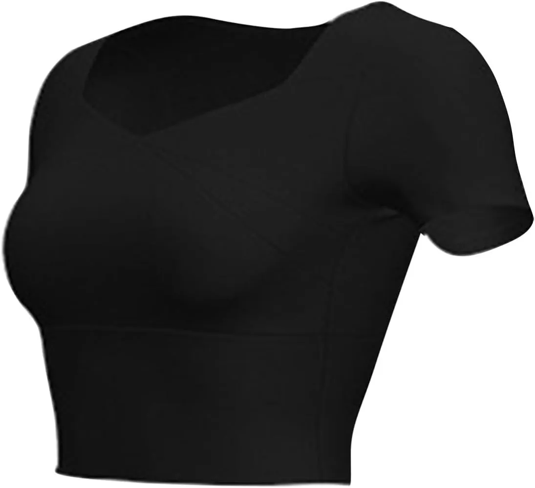 Womens Workout Tops with Built in Bra Summer Crop Short Sleeve Padded Yoga Shirts Quick Drying Fit Running Tshirts
