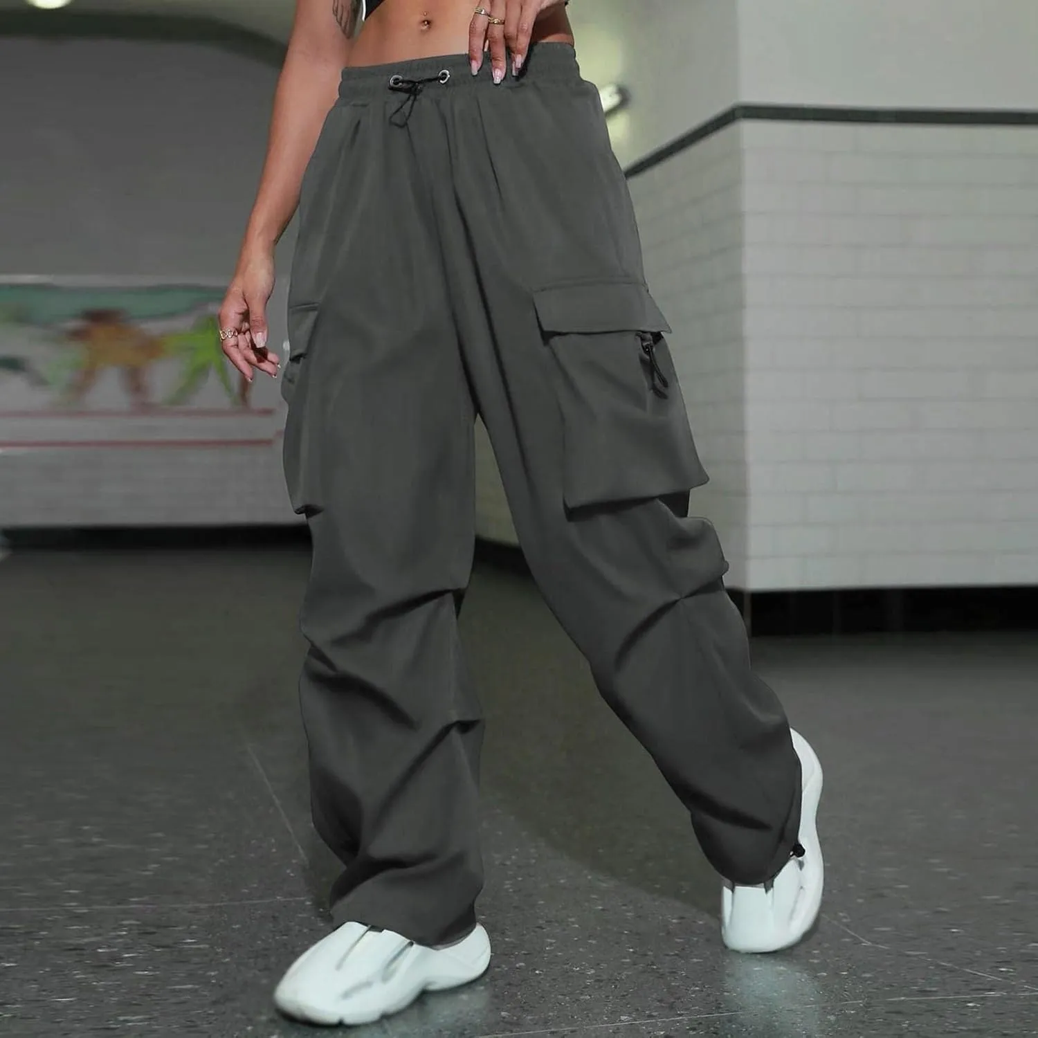 Women's Y2k Trousers Casual Loose Outdoor Cargo Pants Straight Leg Overalls Elastic High Waisted Baggy Jogger Workout Pants