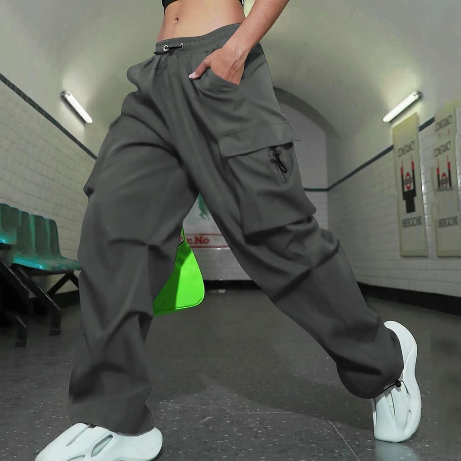 Women's Y2k Trousers Casual Loose Outdoor Cargo Pants Straight Leg Overalls Elastic High Waisted Baggy Jogger Workout Pants