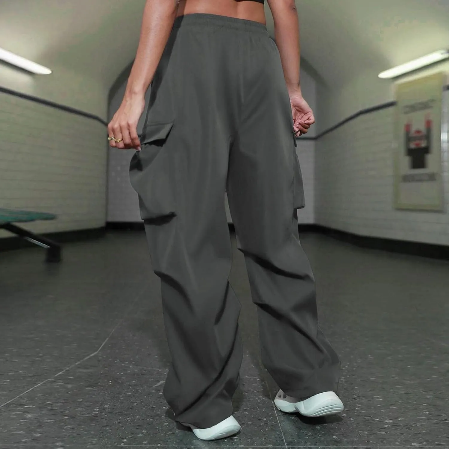 Women's Y2k Trousers Casual Loose Outdoor Cargo Pants Straight Leg Overalls Elastic High Waisted Baggy Jogger Workout Pants