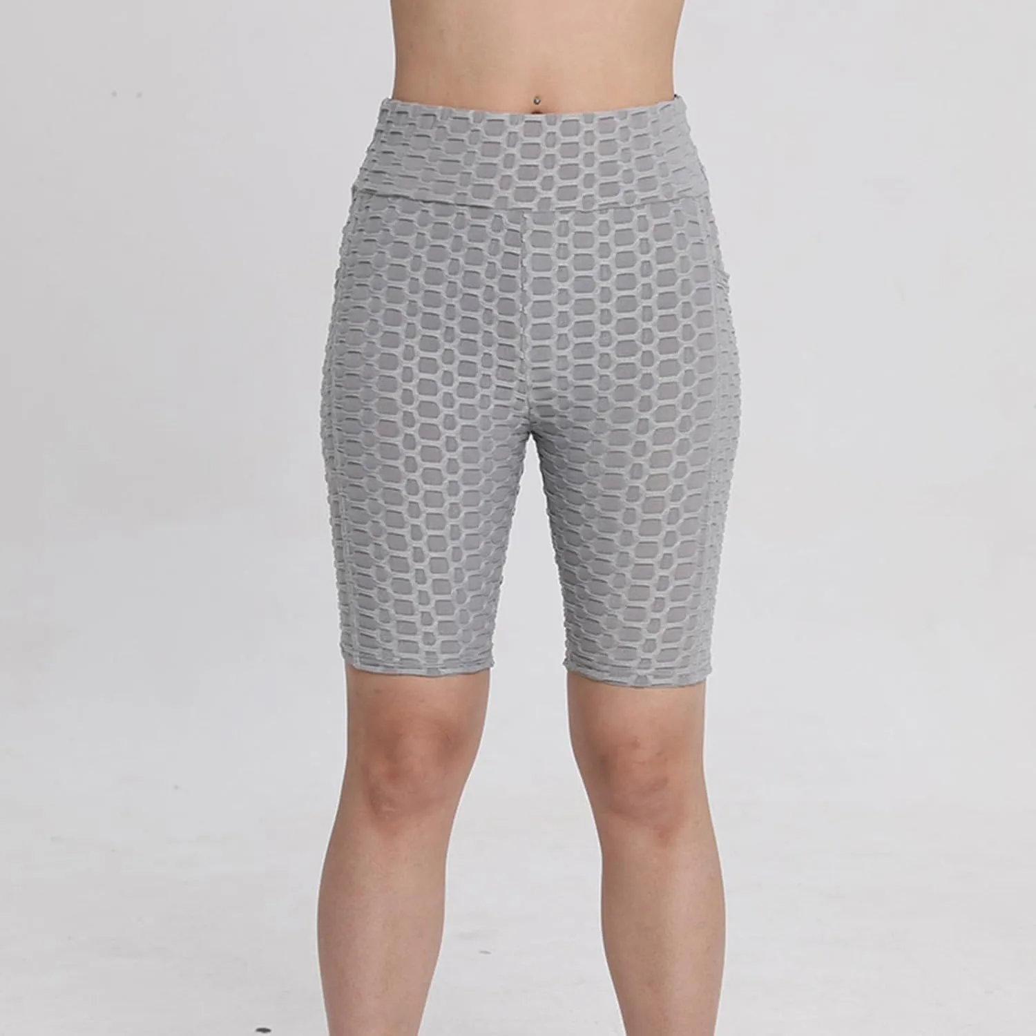 Women's Yoga Leggings Shorts Honeycomb Texture with Pocket Pants Shorts High Waist Stretchy Fitness Sports Shorts