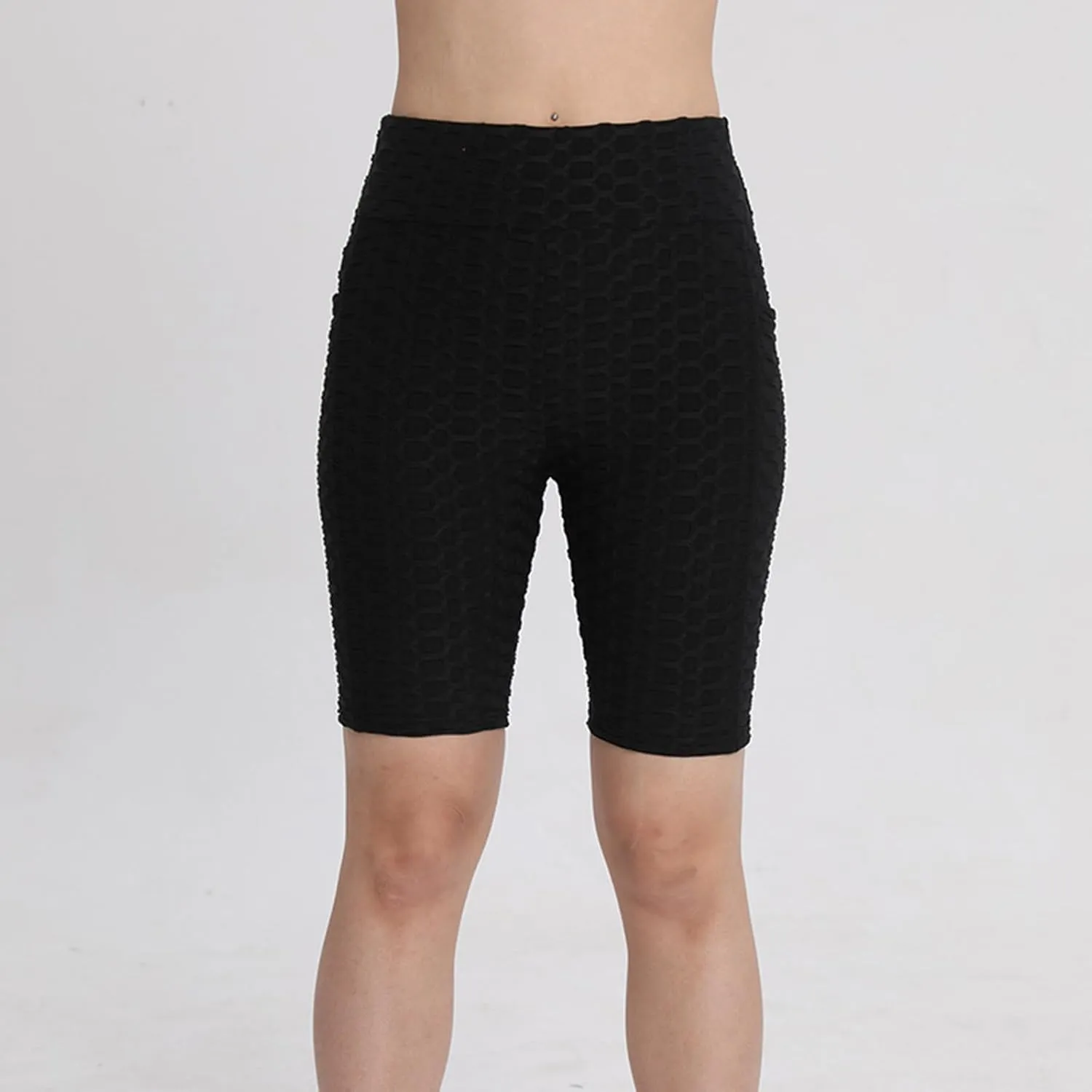 Women's Yoga Leggings Shorts Honeycomb Texture with Pocket Pants Shorts High Waist Stretchy Fitness Sports Shorts