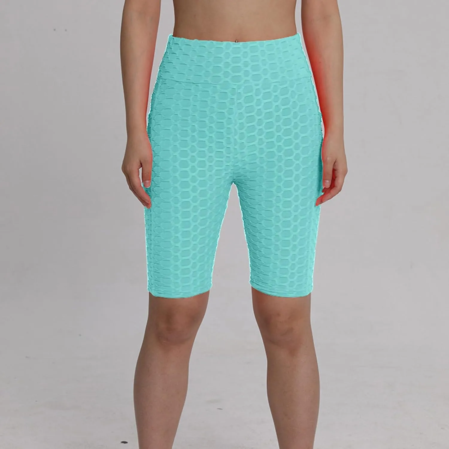 Women's Yoga Leggings Shorts Honeycomb Texture with Pocket Pants Shorts High Waist Stretchy Fitness Sports Shorts