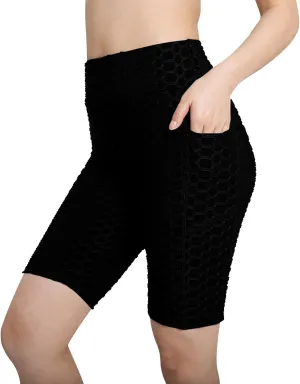 Women's Yoga Leggings Shorts Honeycomb Texture with Pocket Pants Shorts High Waist Stretchy Fitness Sports Shorts