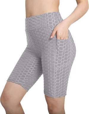 Women's Yoga Leggings Shorts Honeycomb Texture with Pocket Pants Shorts High Waist Stretchy Fitness Sports Shorts