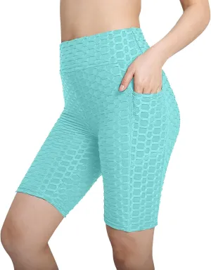Women's Yoga Leggings Shorts Honeycomb Texture with Pocket Pants Shorts High Waist Stretchy Fitness Sports Shorts