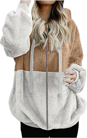 Womens Zip Up Hoodie Trendy Oversized Sweatshirt Casual Long Sleeve Fleece Jacket Color Block Hooded Fall Winter Coat