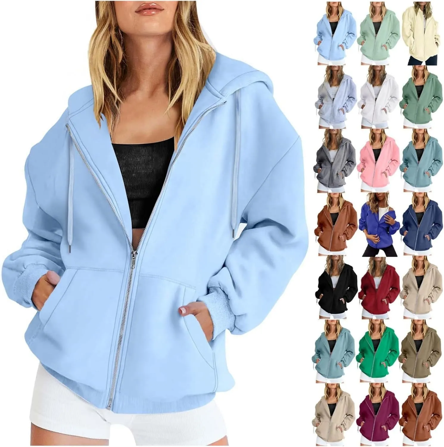 Womens Zip Up Hoodies Long Sleeve Oversized Sweatshirts Jacket with Pockets 2024 Fall Outfits Fashion Y2K Clothes