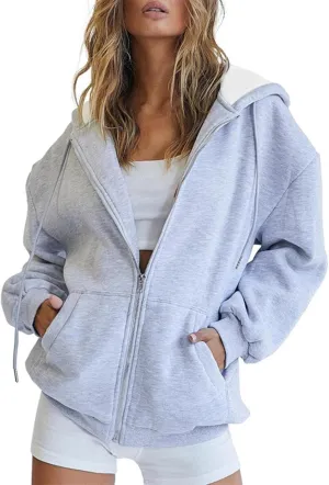 Womens Zip Up Hoodies Long Sleeve Oversized Sweatshirts Jacket with Pockets 2024 Fall Outfits Fashion Y2K Clothes