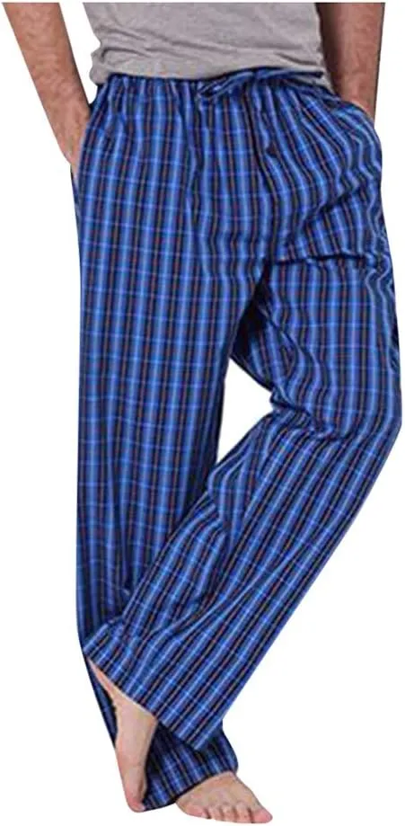 WUAI-Men Casual Plaid Comfy Pants Elastic Waist Loose Cotton Pajama Sleep Lounge Pants
