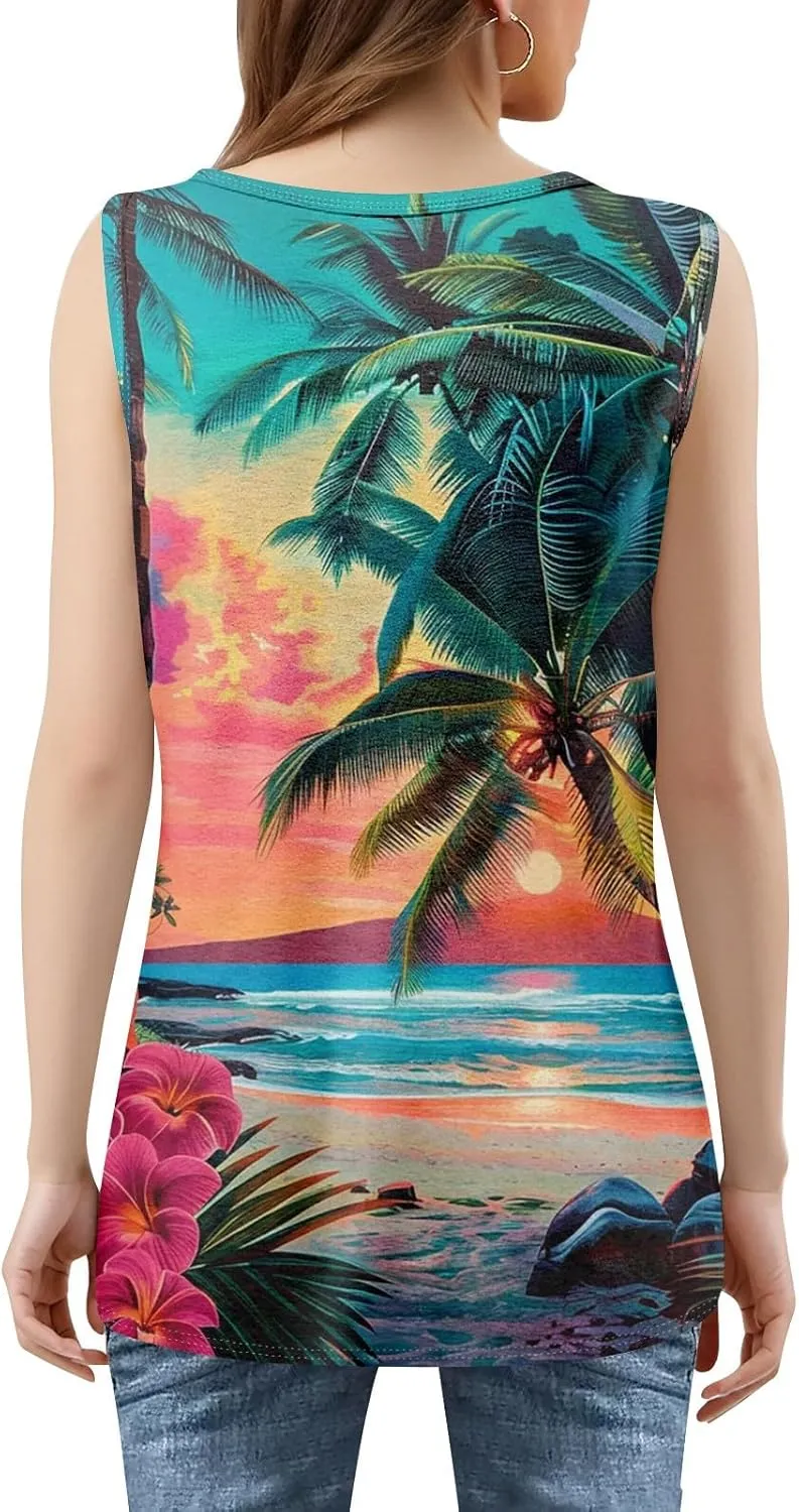 XIAXOGOOL Summer Tank Tops for Women Loose Fit Pleated Square Neck Sleeveless Tops Hawaiian Print Shirts Fashion Tunic Blouse