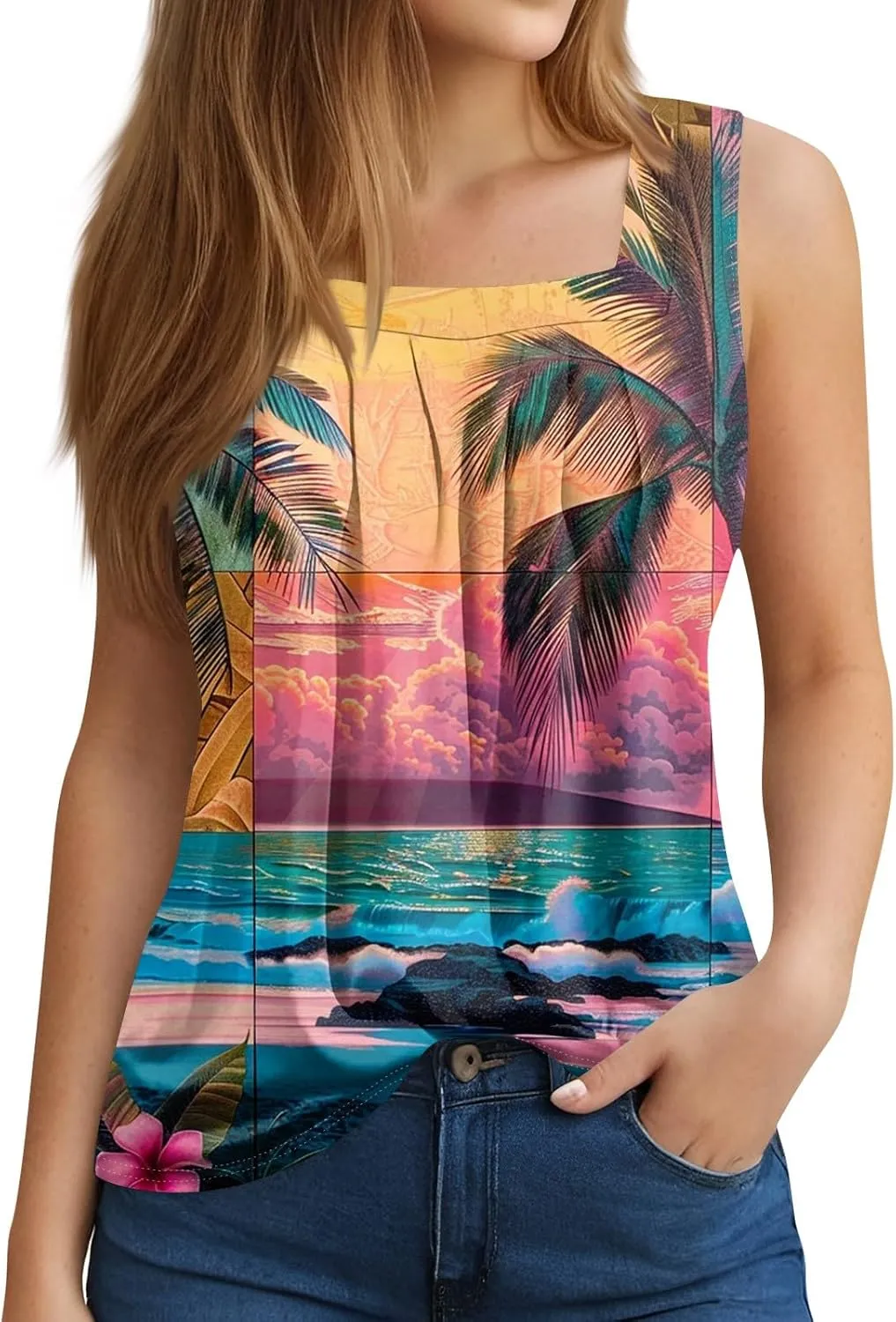 XIAXOGOOL Summer Tank Tops for Women Loose Fit Pleated Square Neck Sleeveless Tops Hawaiian Print Shirts Fashion Tunic Blouse