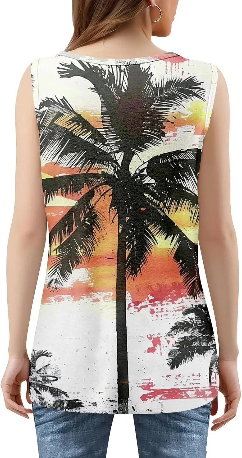 XIAXOGOOL Summer Tank Tops for Women Loose Fit Pleated Square Neck Sleeveless Tops Hawaiian Print Shirts Fashion Tunic Blouse