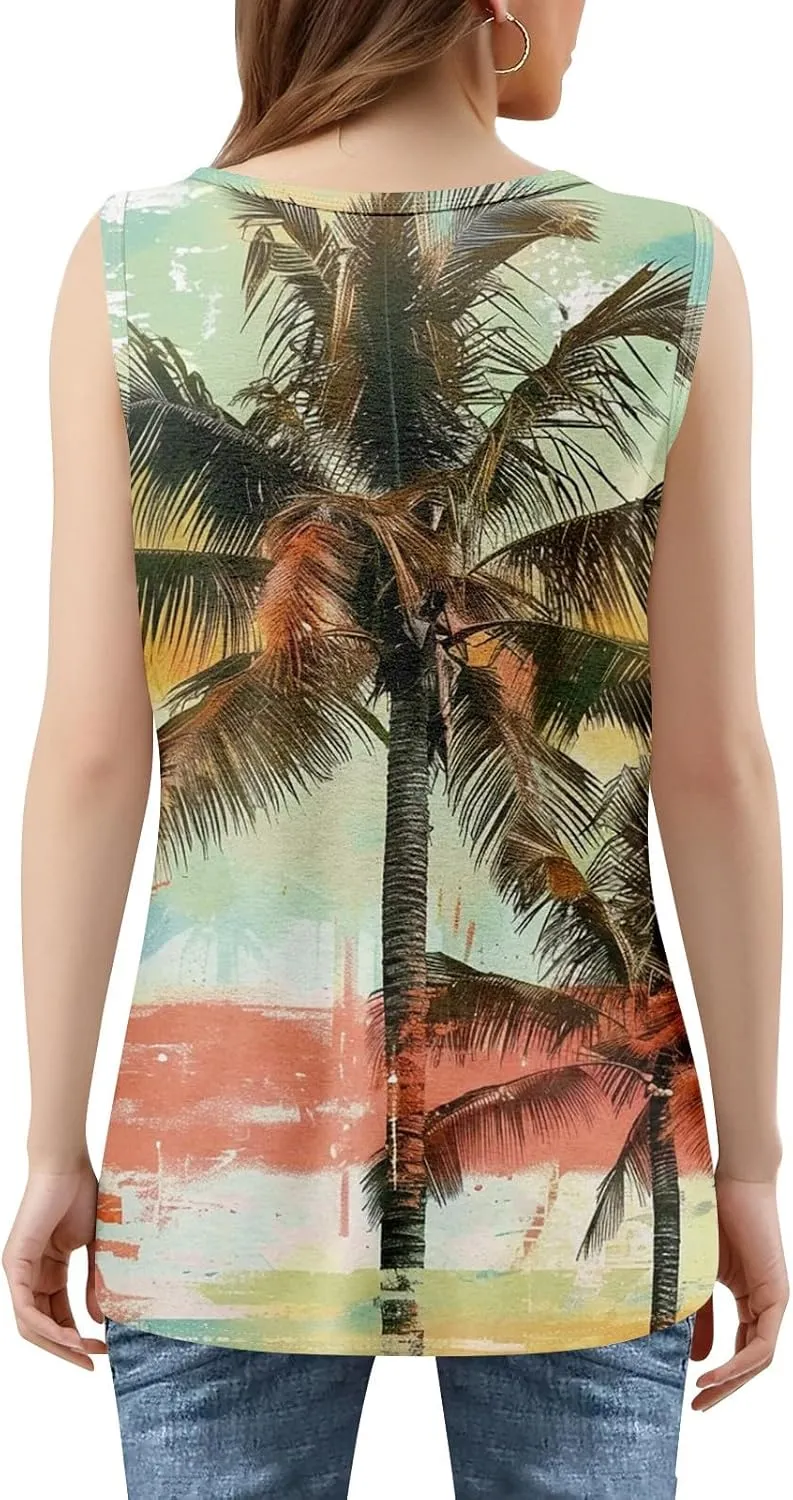 XIAXOGOOL Summer Tank Tops for Women Loose Fit Pleated Square Neck Sleeveless Tops Hawaiian Print Shirts Fashion Tunic Blouse